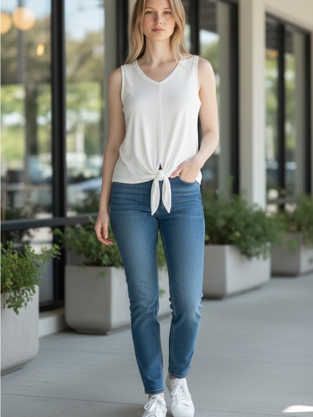 Alya White Tie Front Tank Top | Sleeveless Casual Top | Size M